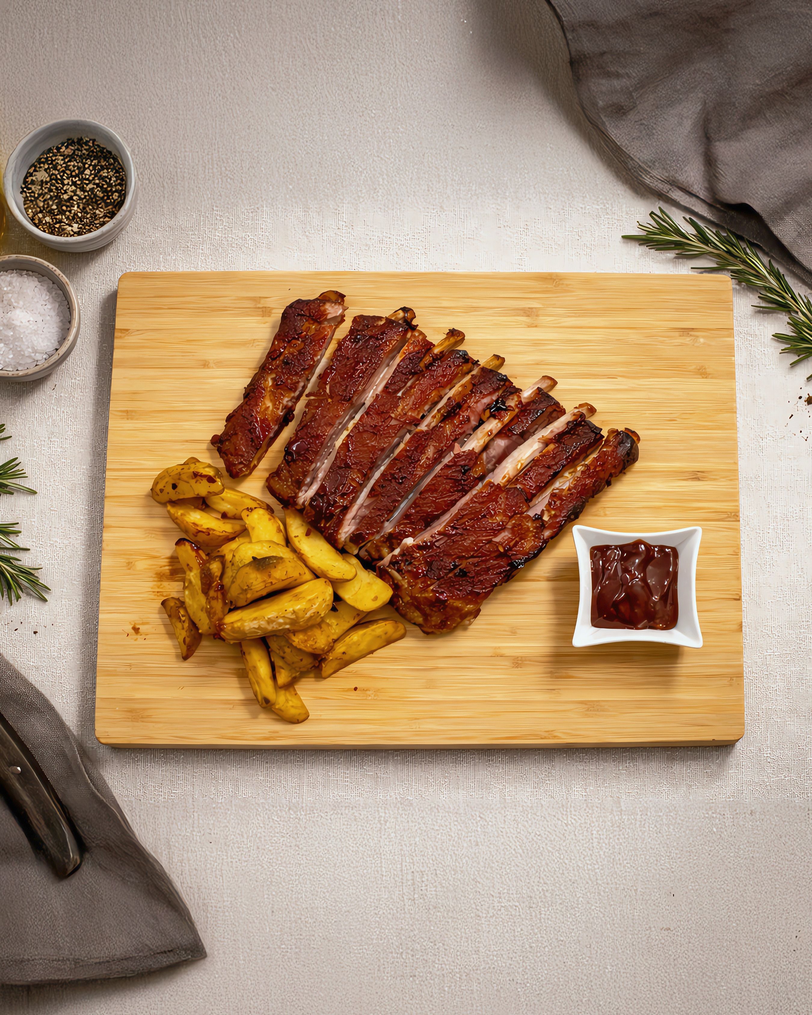 Ribs di maiale in salsa barbecue sul tagliere